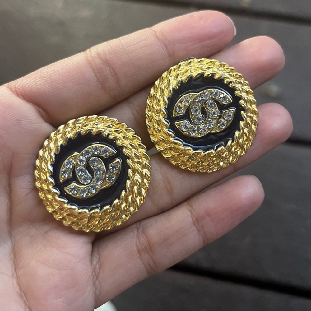 Vintage 90s Chanel Earrings - SUPER RARE BLACK & GOLD DIAMANTÉ